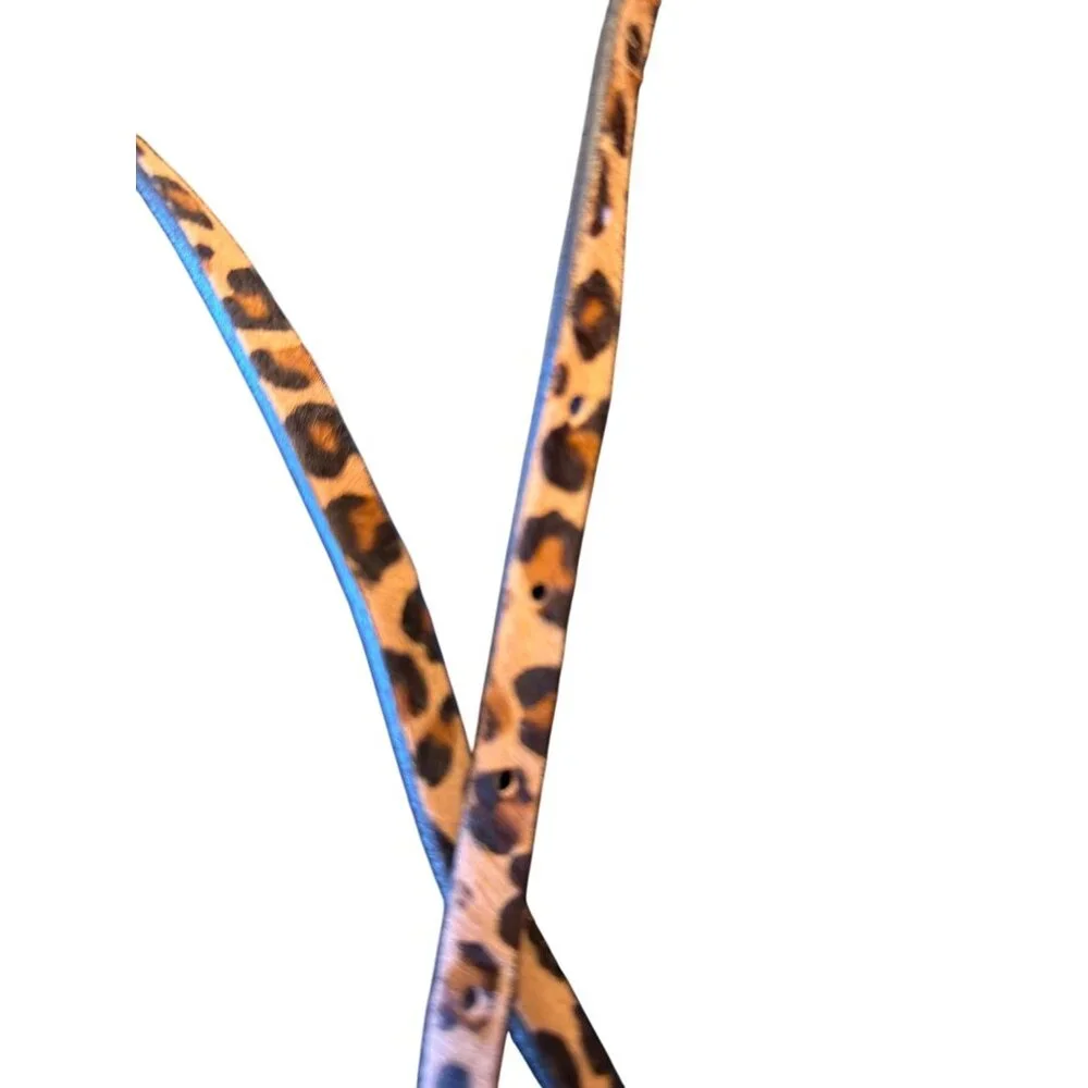 Leopard Print Genuine Leather Calf‎ Hair Thin Skinny Belt With Gold Buckle